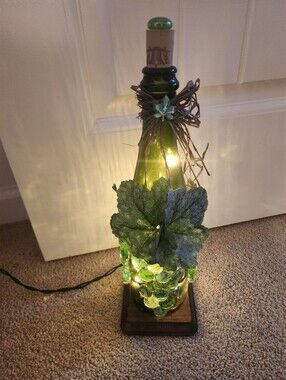 Electric Lighted Green Decorative Wine Bottle Lamp with Leaf and Glass Gems